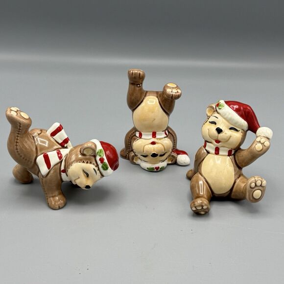 Vtg Fitz and Floyd Tumbling Christmas Bears Set of 3 Figurines Porcelain Korea - Picture 4 of 12